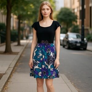 Laundry By Shelli Segal Dress 8 Stretch Top, Floral Cotton Skirt. Stretch Enamel